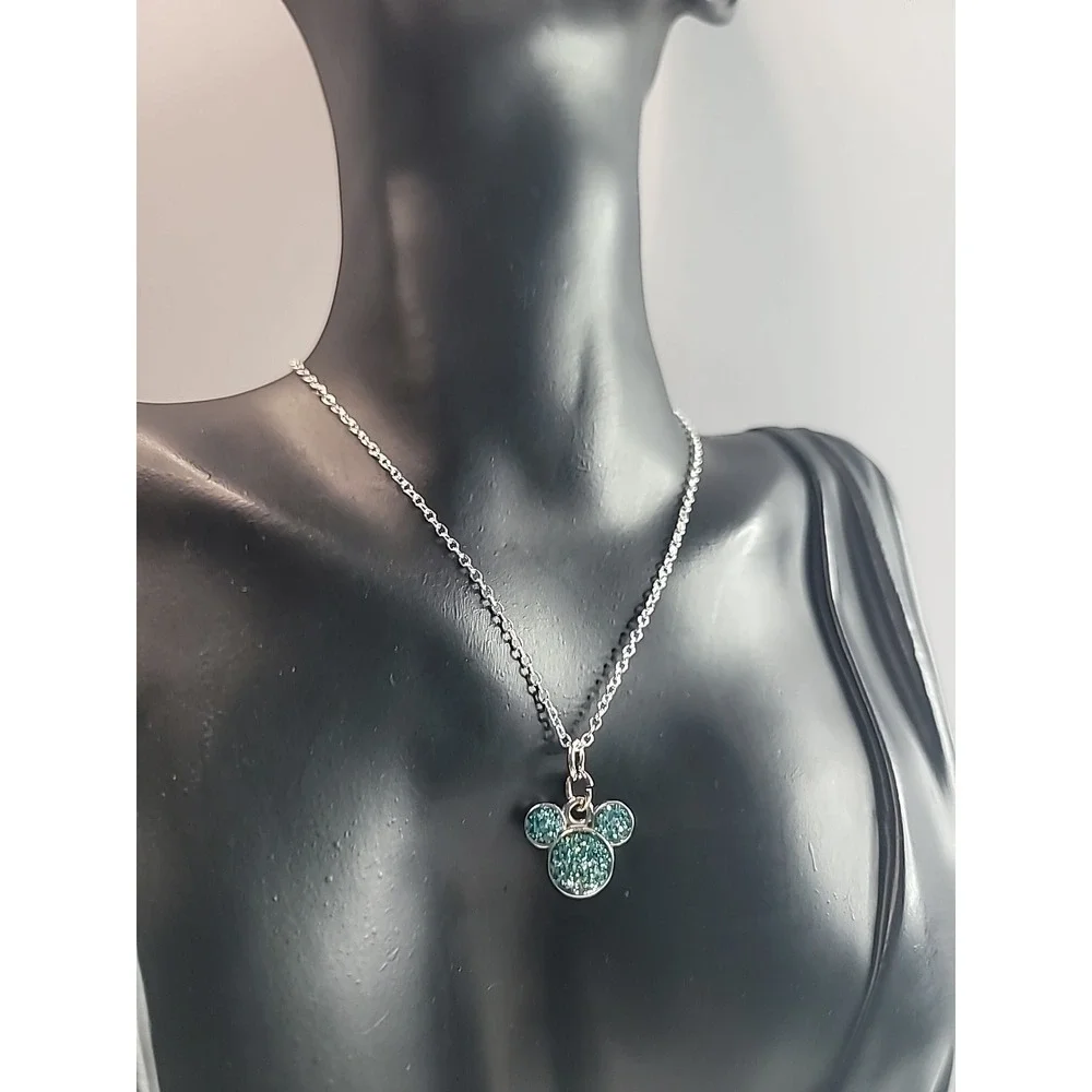 Disney Hidden Mickey Pendant Necklace Teal‎ Glitter Fashion Jewelry